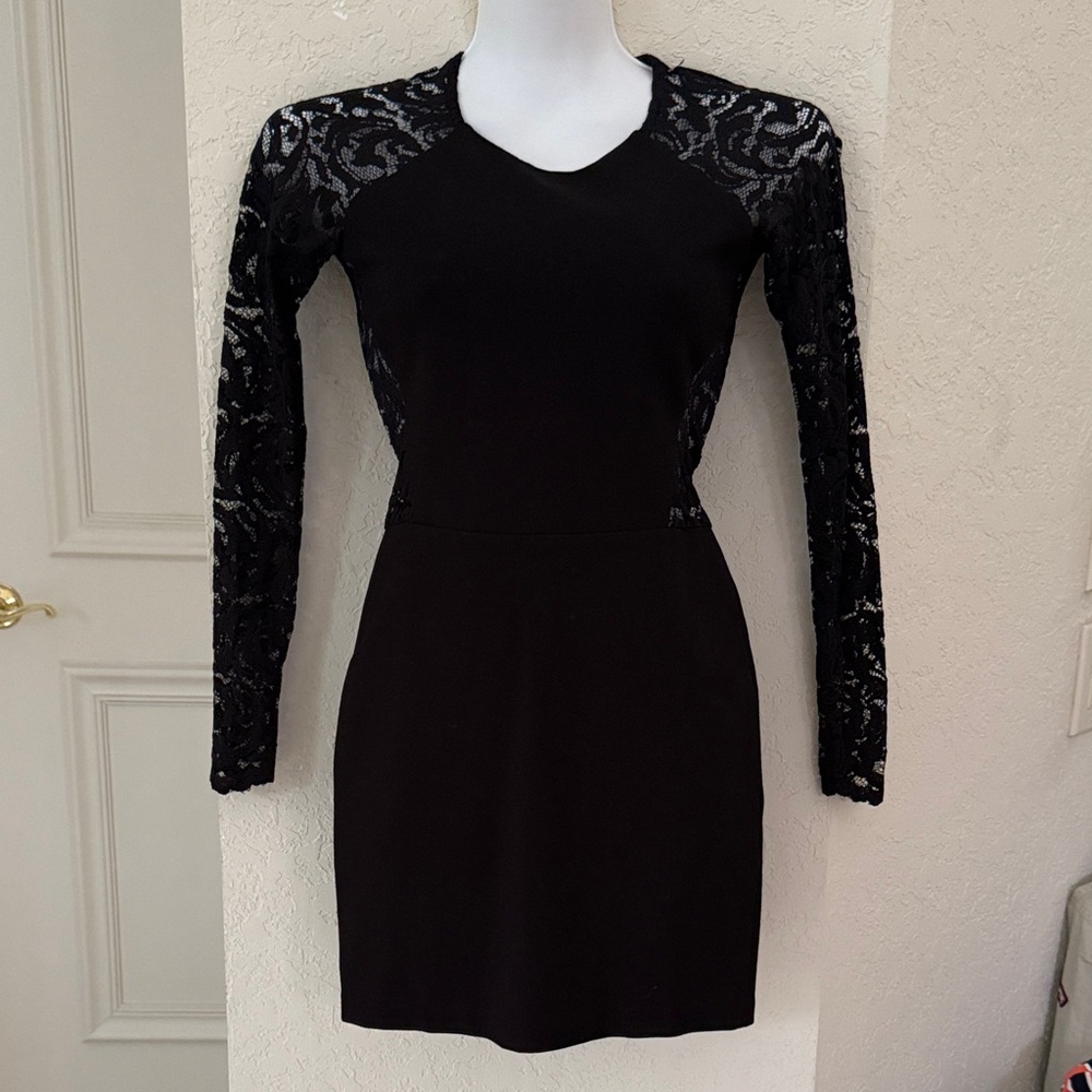 Parker Black Dress with Sheer Lace Sleeves